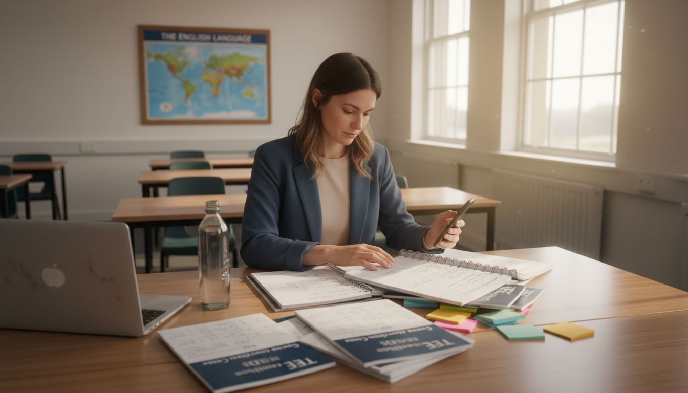 Teacher reviewing TEFL materials in classroom