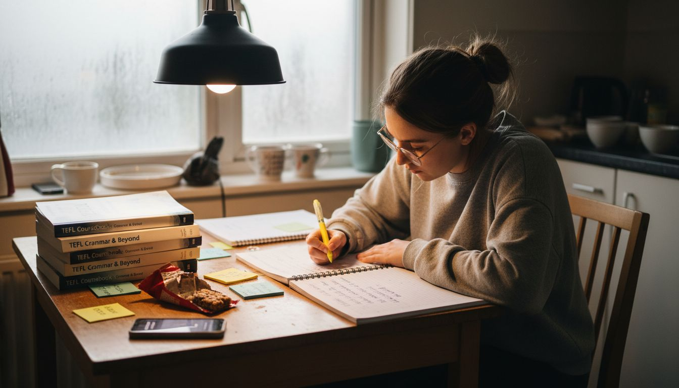 Student reviewing TEFL course materials at kitchen table