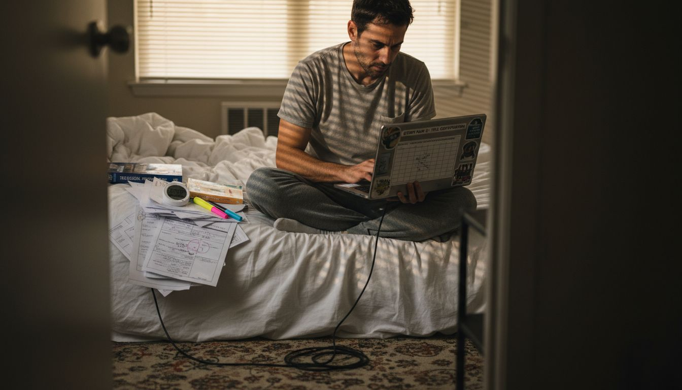 Man planning TEFL study schedule in bedroom