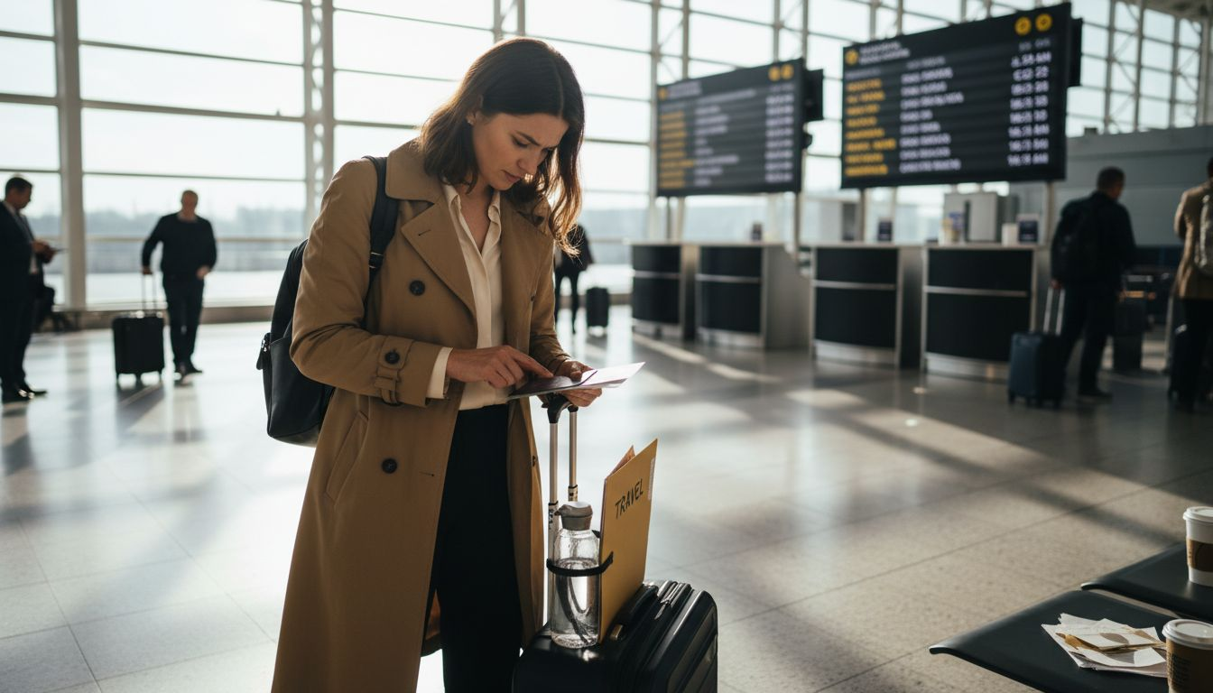 Teacher checks documents at busy airport