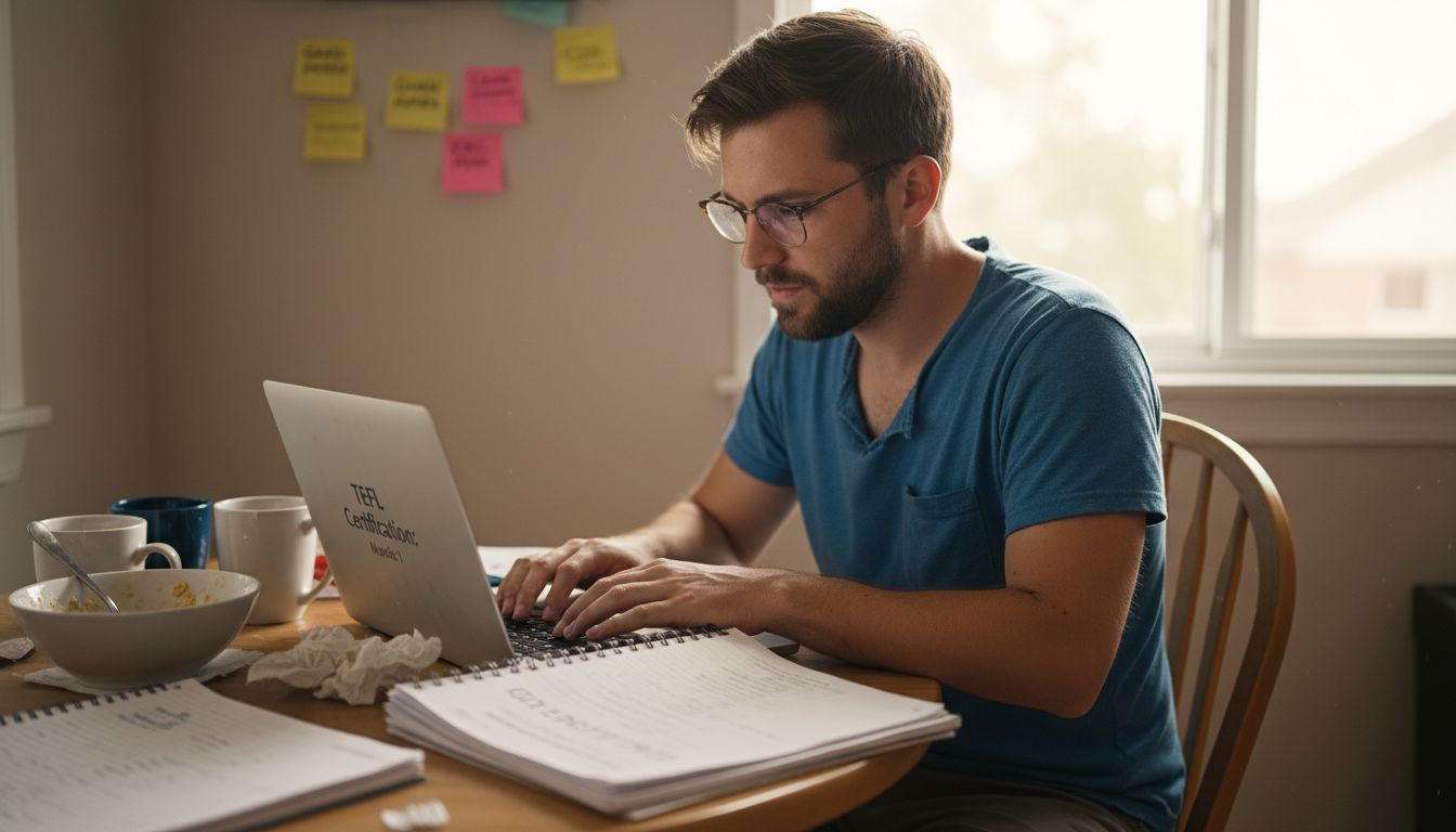 Student studies TEFL coursework at kitchen table