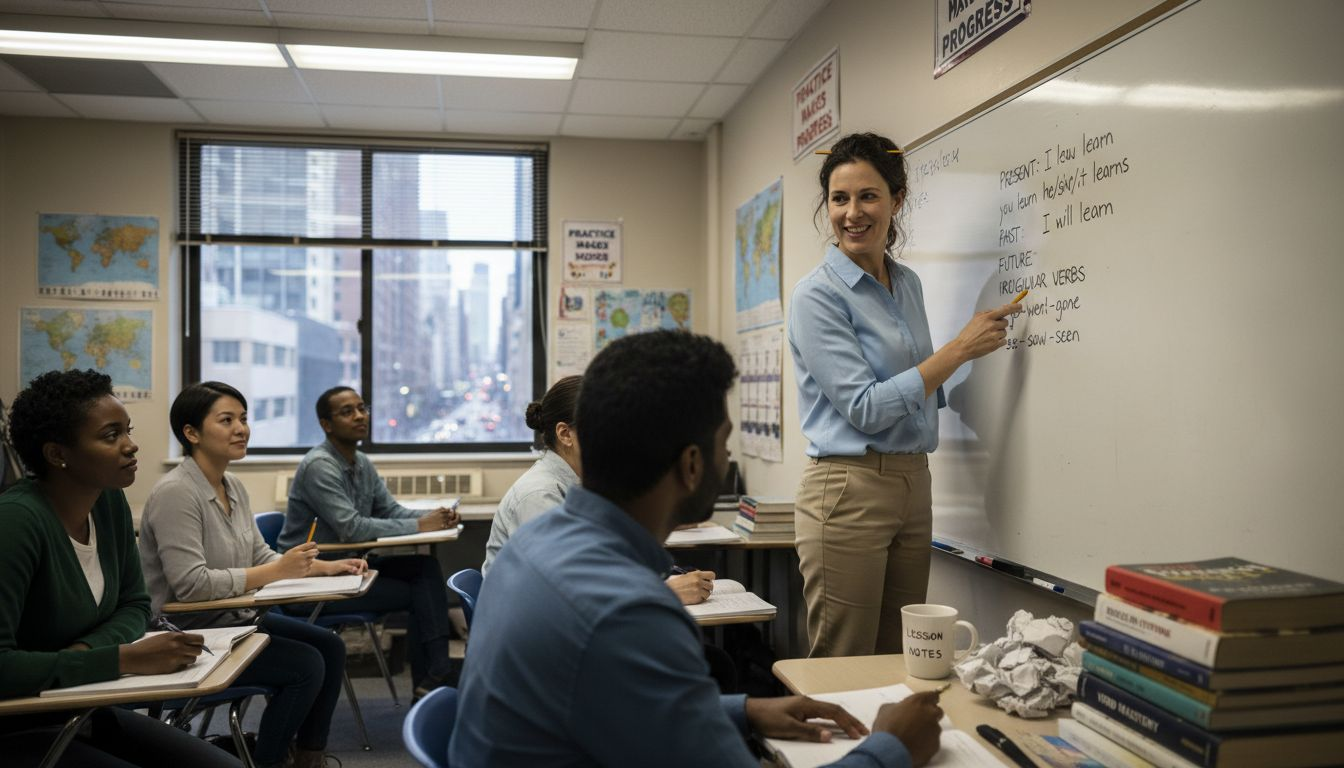 Teacher instructs adults in lively classroom