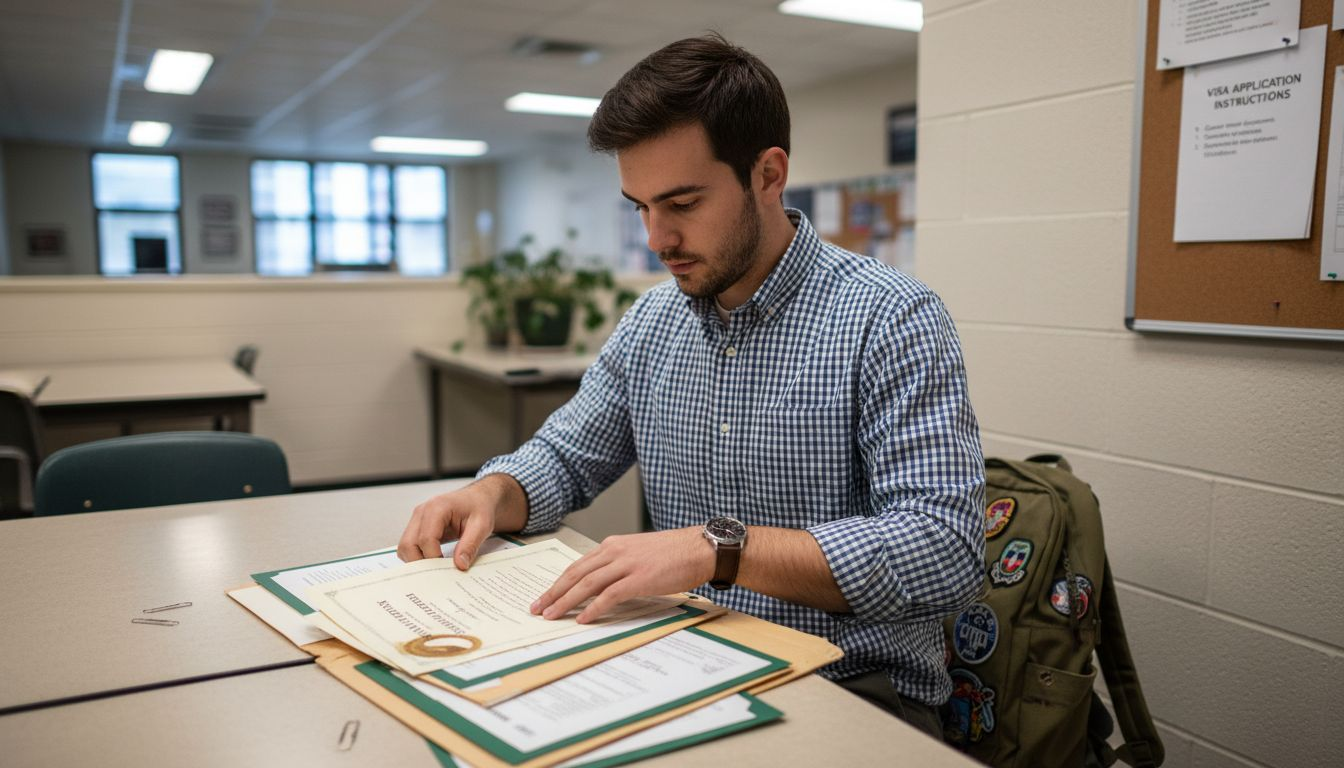 Teacher organizing certificates in staff room