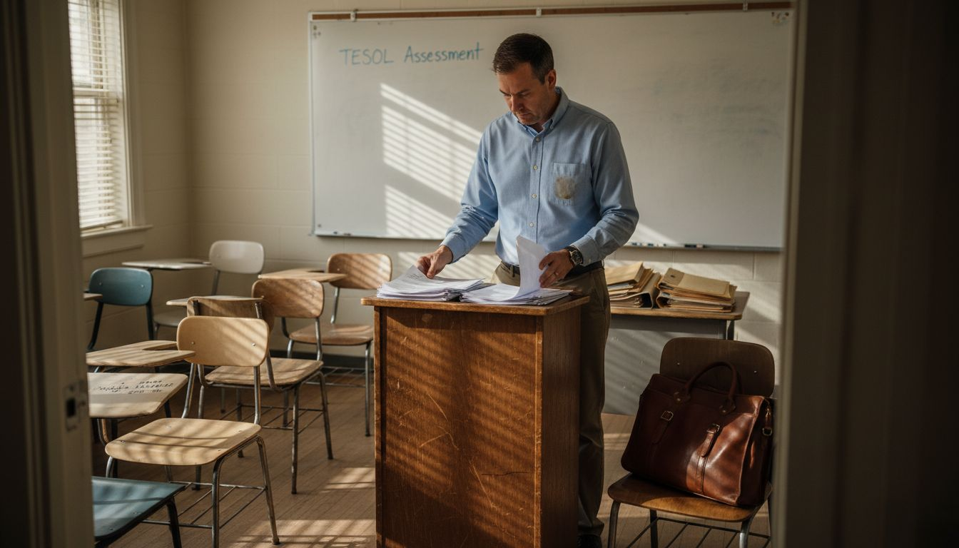 Teacher arranging TESOL exam materials classroom