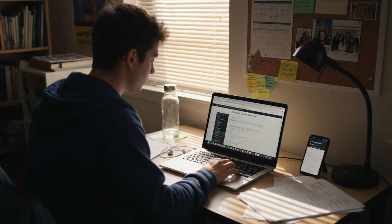 Student searching for online English tutor jobs in dorm room