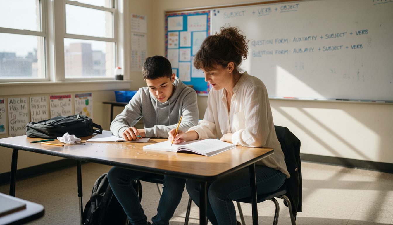 Teacher helps student in ESL classroom