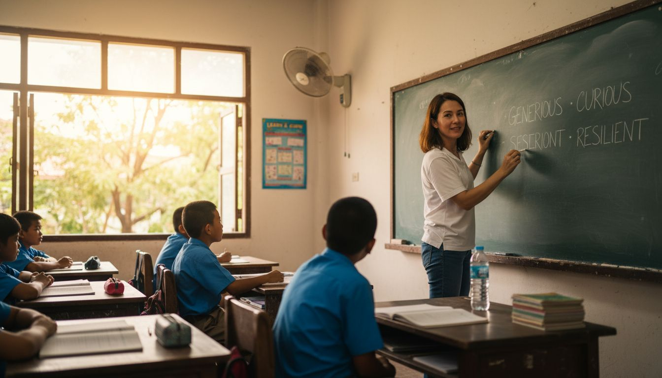 English teacher instructs Asian classroom scene