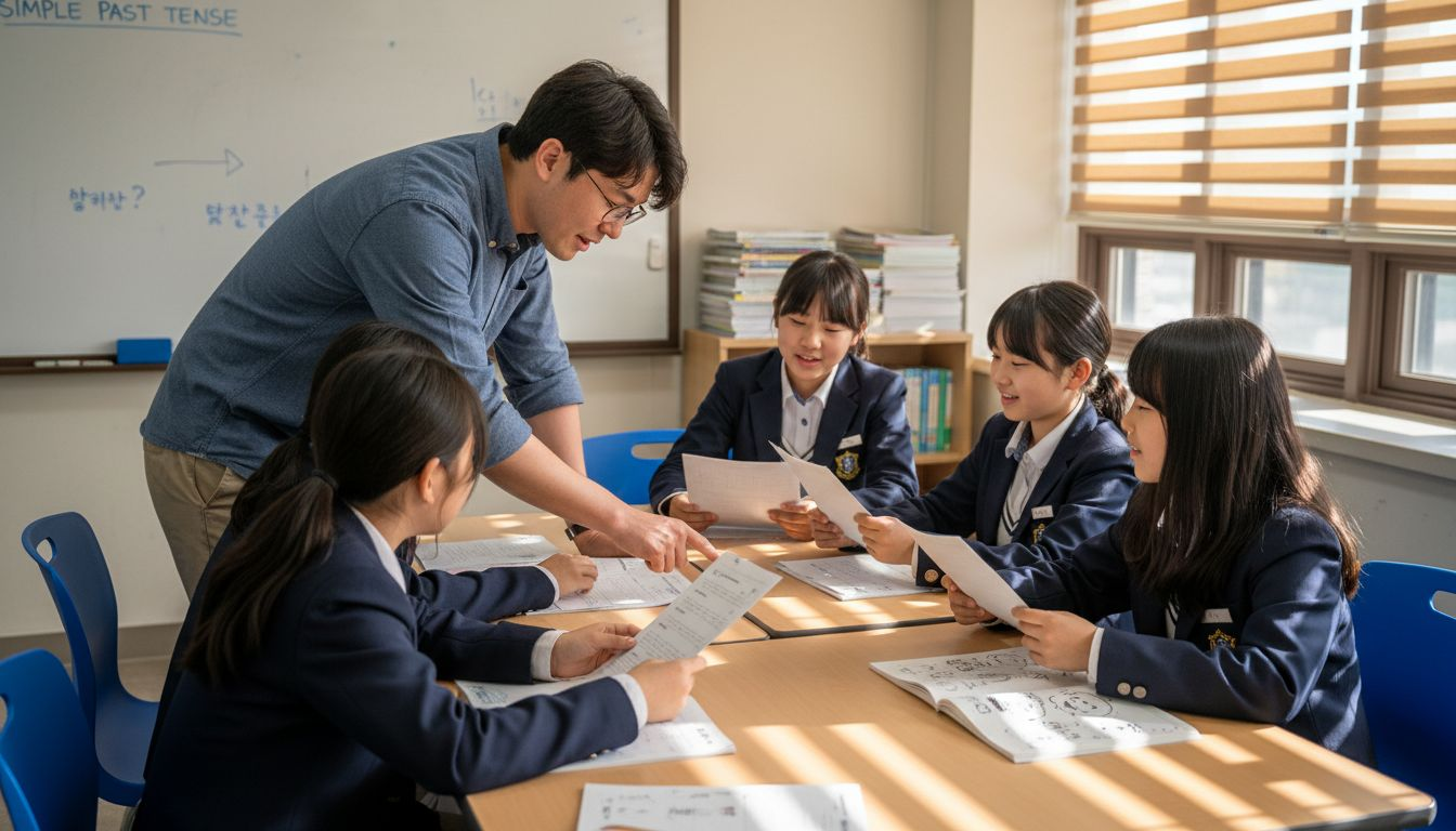 Teacher interacts with students in Asian school