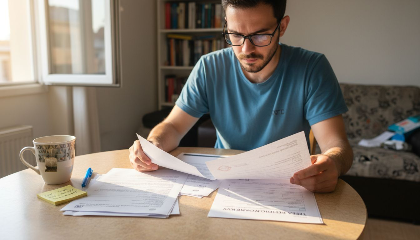 Man checks TEFL certification documents at table