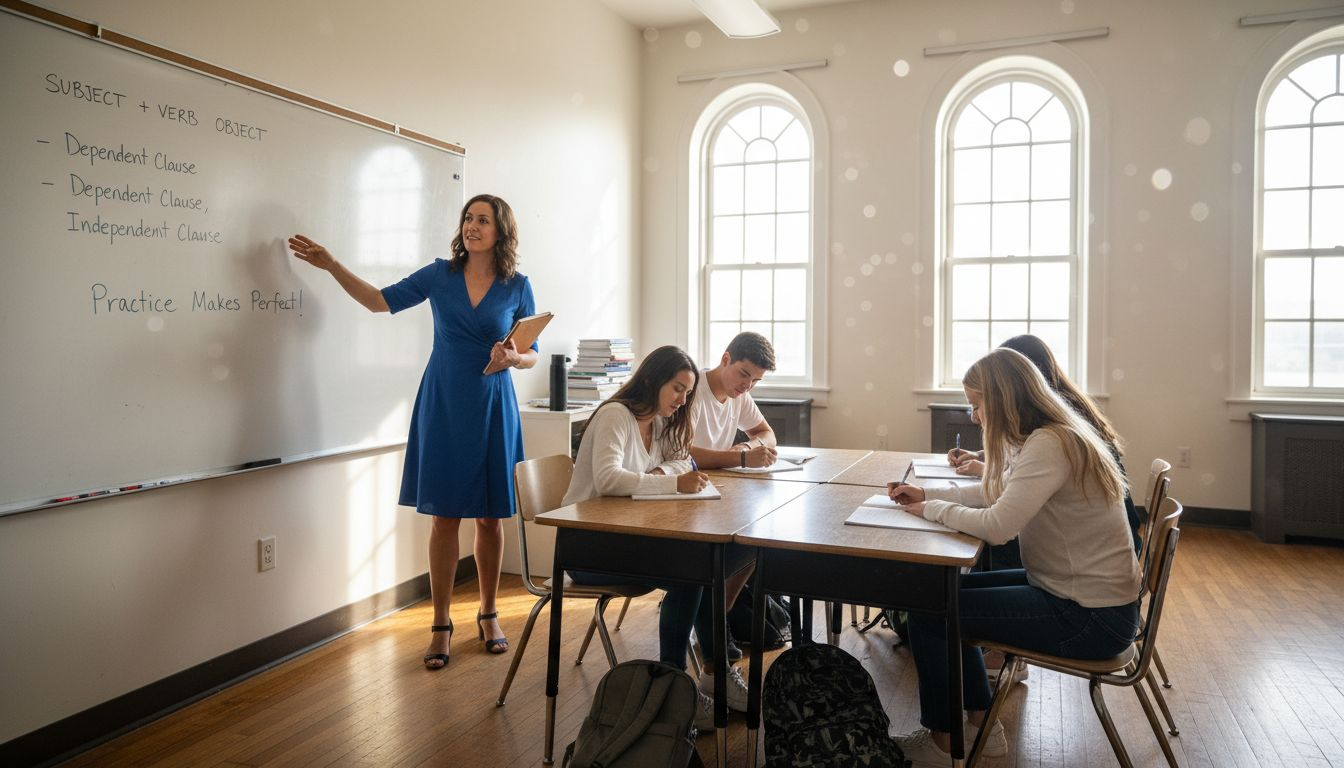 Teacher leading international TOEFL classroom lesson