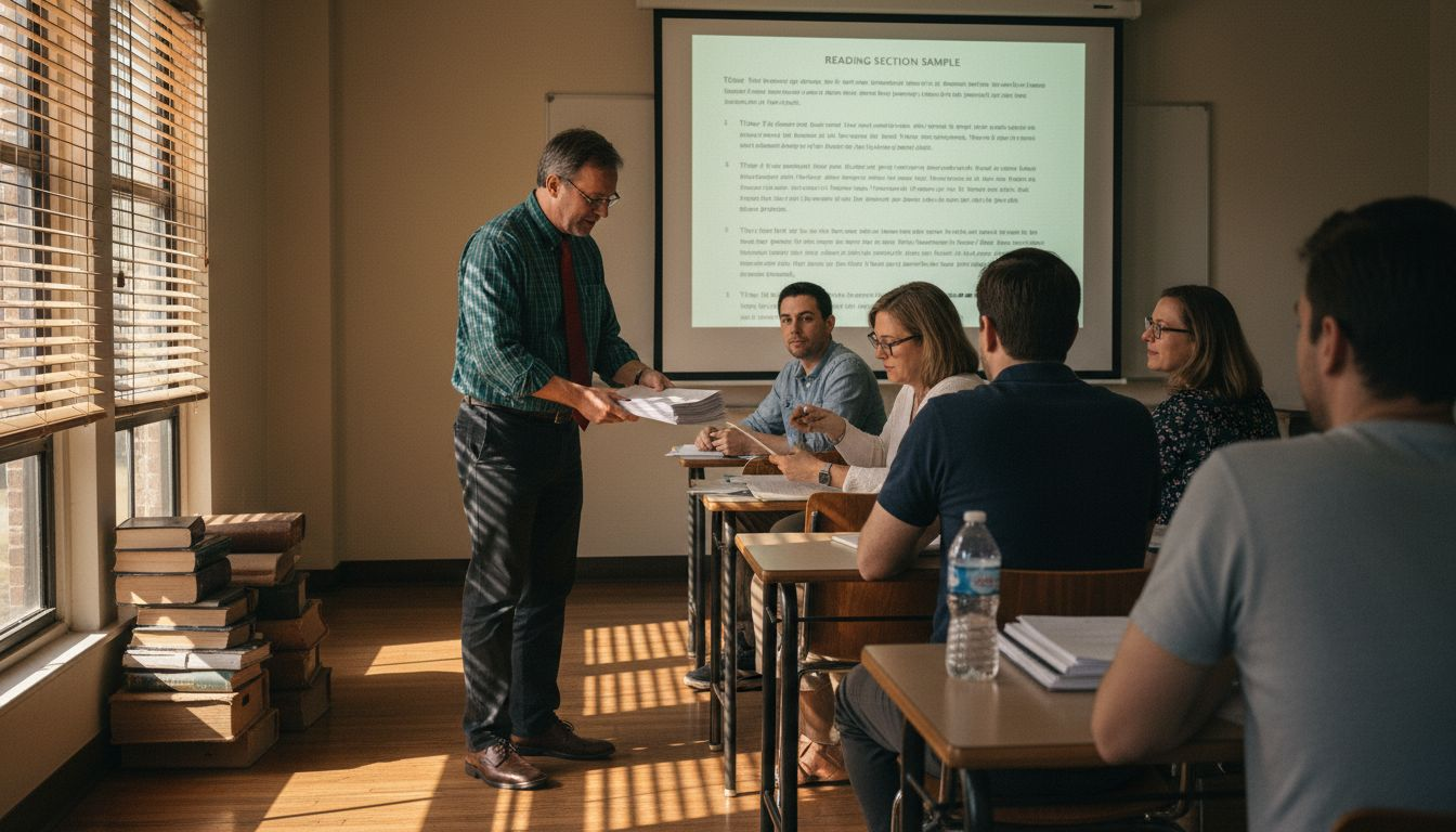 University seminar TOEFL instructor distributing tests