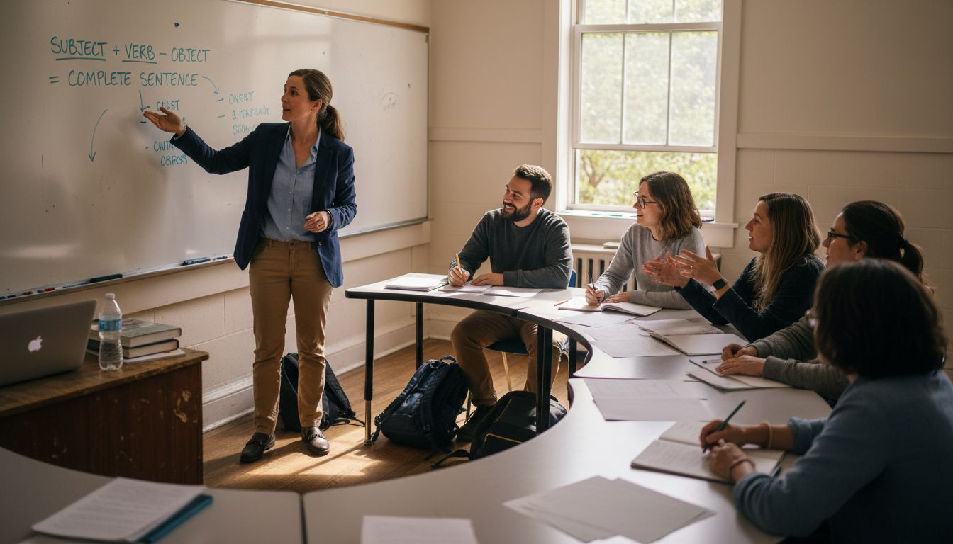 Teacher instructing ESL class with whiteboard