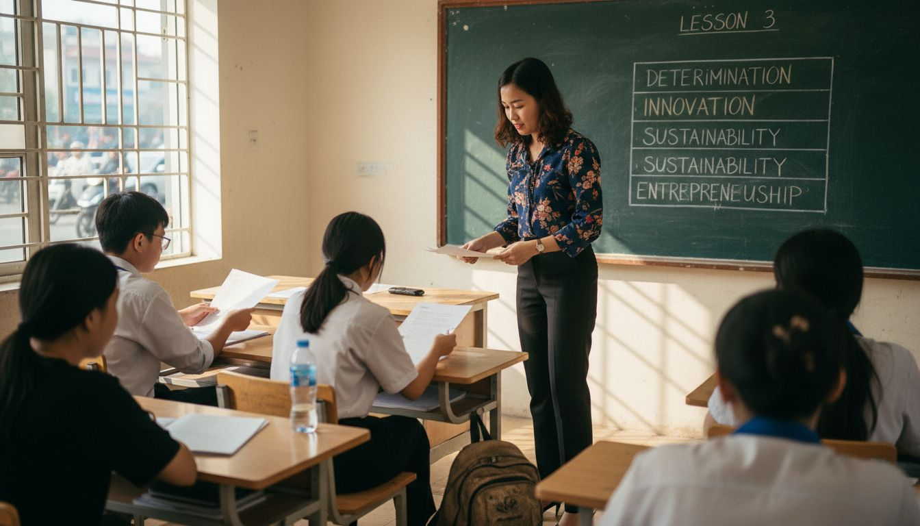 English teacher handing out worksheets in classroom