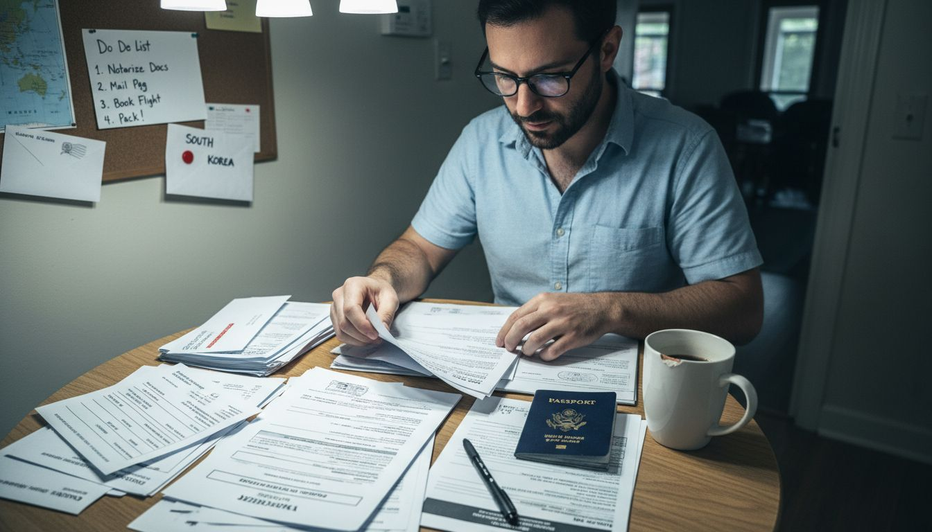 Teacher organizing visa documents at table