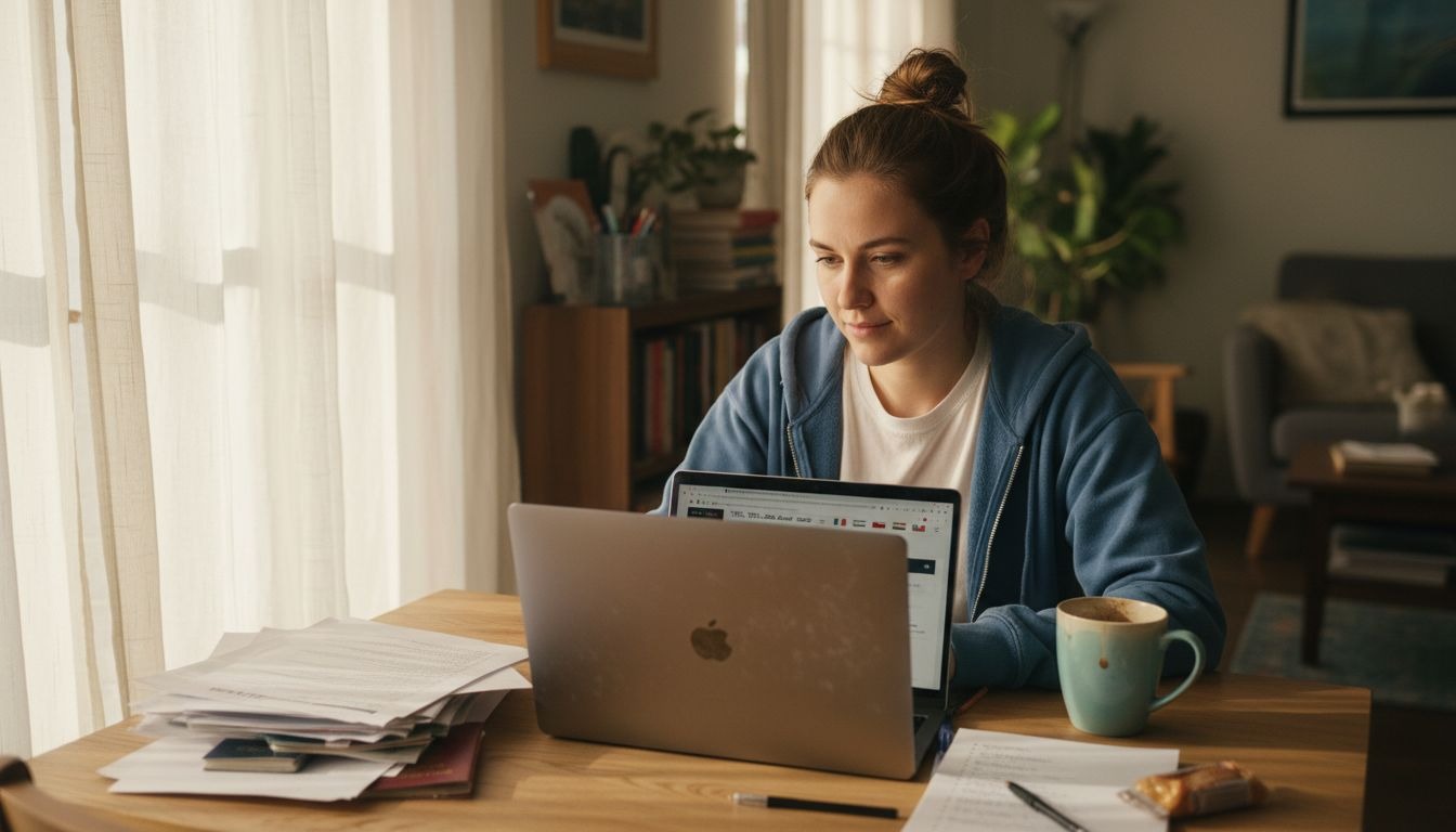 Woman searching TEFL jobs laptop table