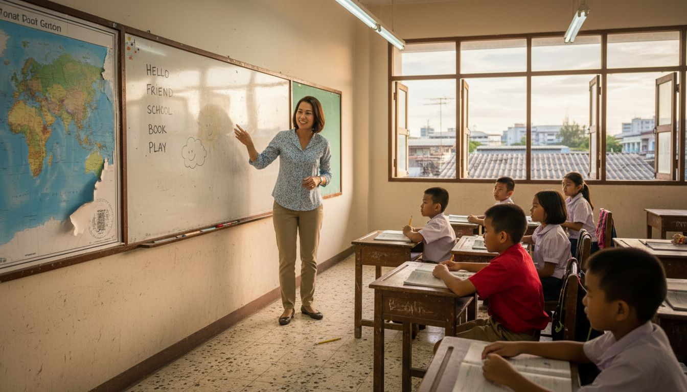 English teacher with students in classroom abroad