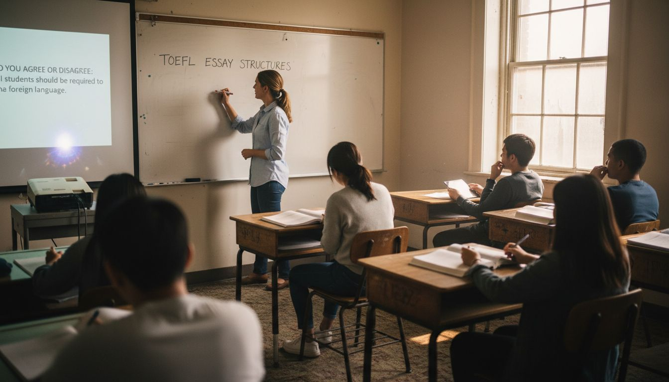 TOEFL teacher leads classroom whiteboard lesson