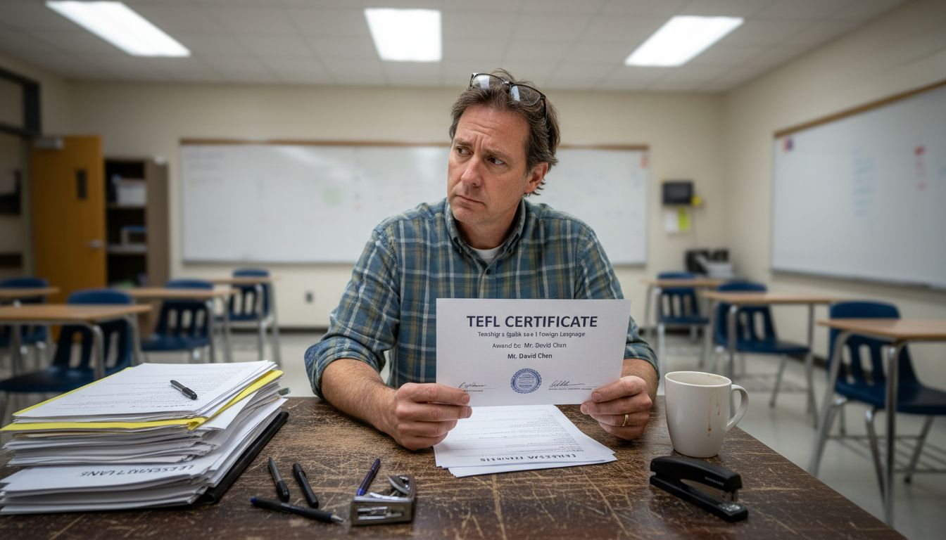 Teacher checking a TEFL certificate before applying for jobs