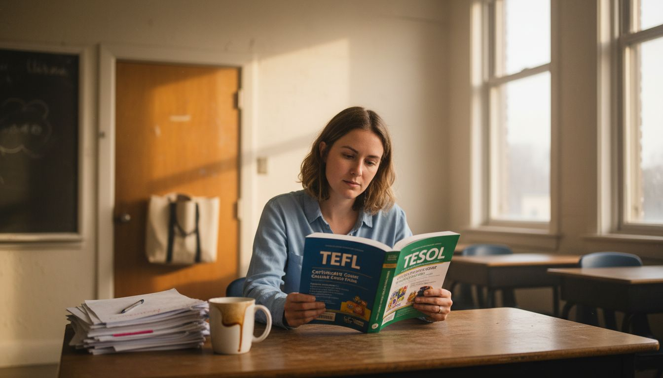 Teacher comparing TEFL and TESOL books in classroom