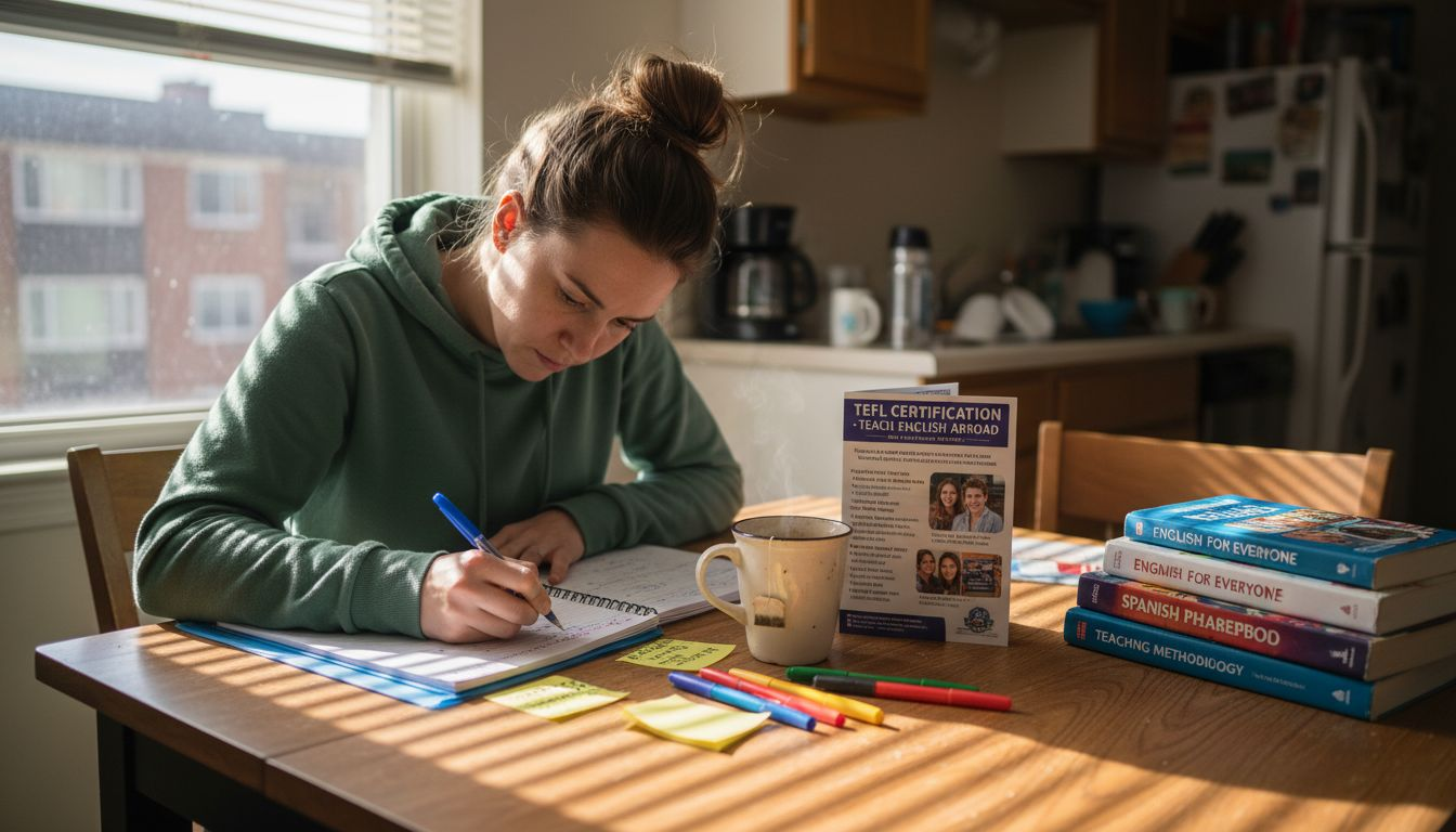 Woman reflecting on TEFL goals at home