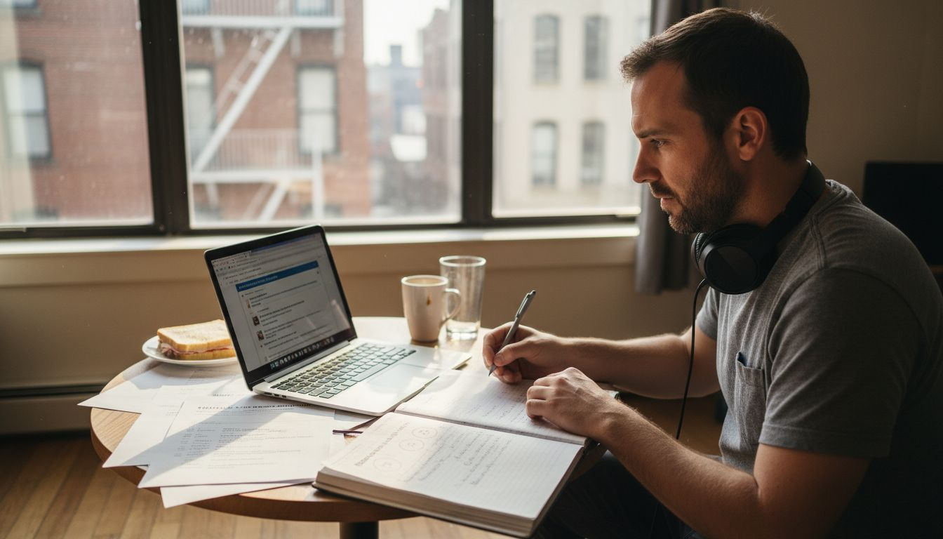 Man comparing TEFL courses at table