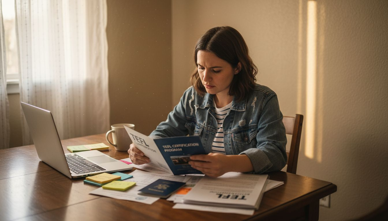 Woman planning TEFL abroad at table