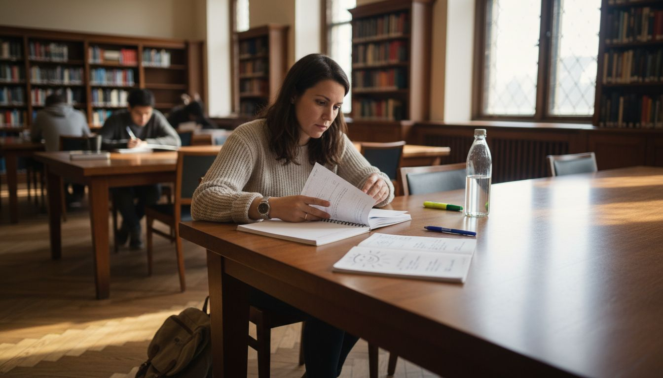 Adult learner studying 120 hour course material in a library