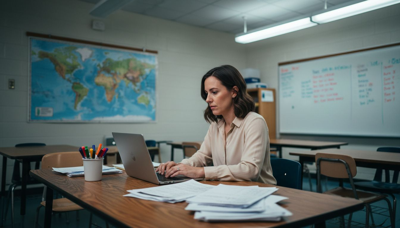 ESL teacher preparing lessons with global resources