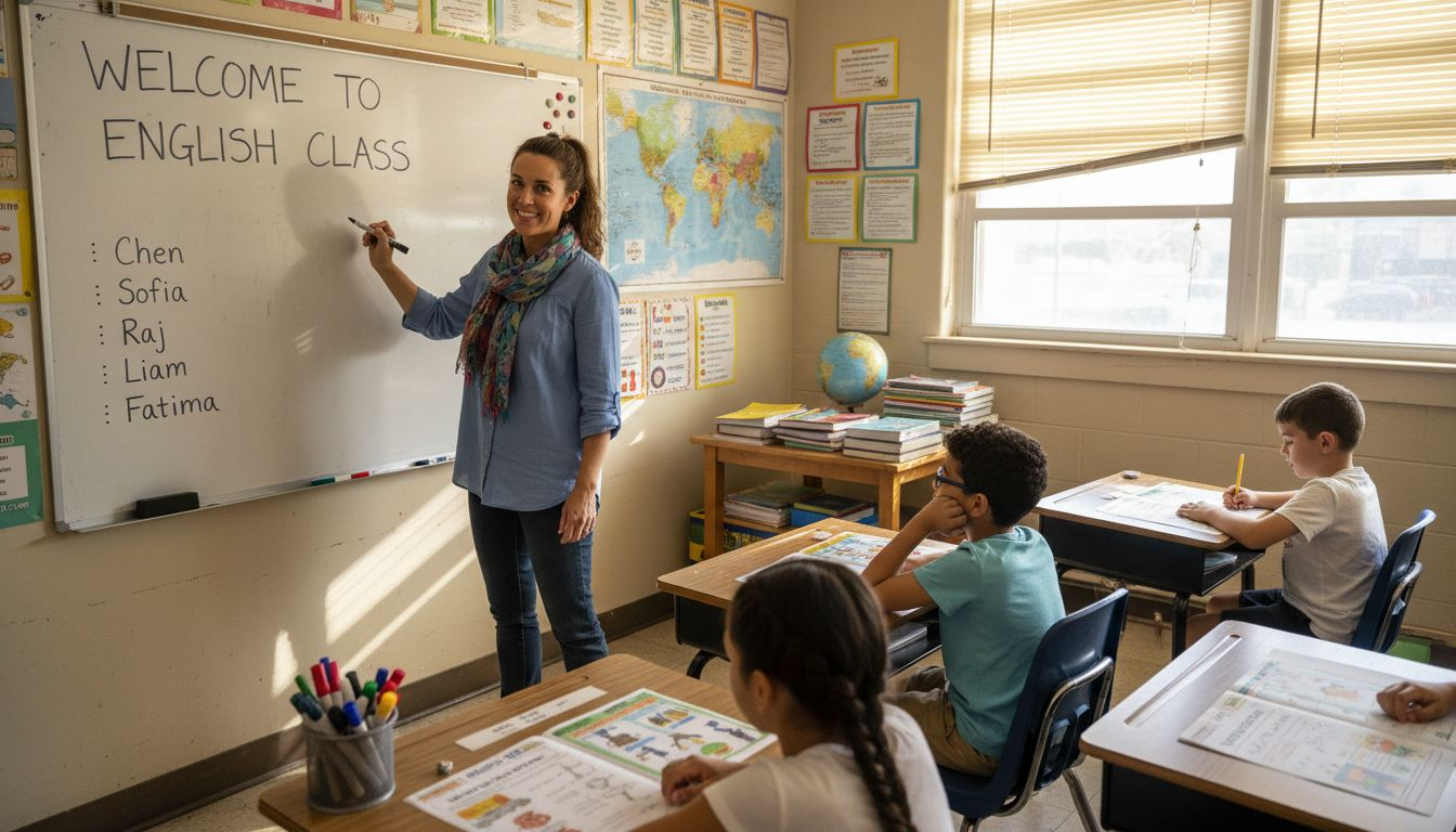 ESL teacher writing on classroom whiteboard