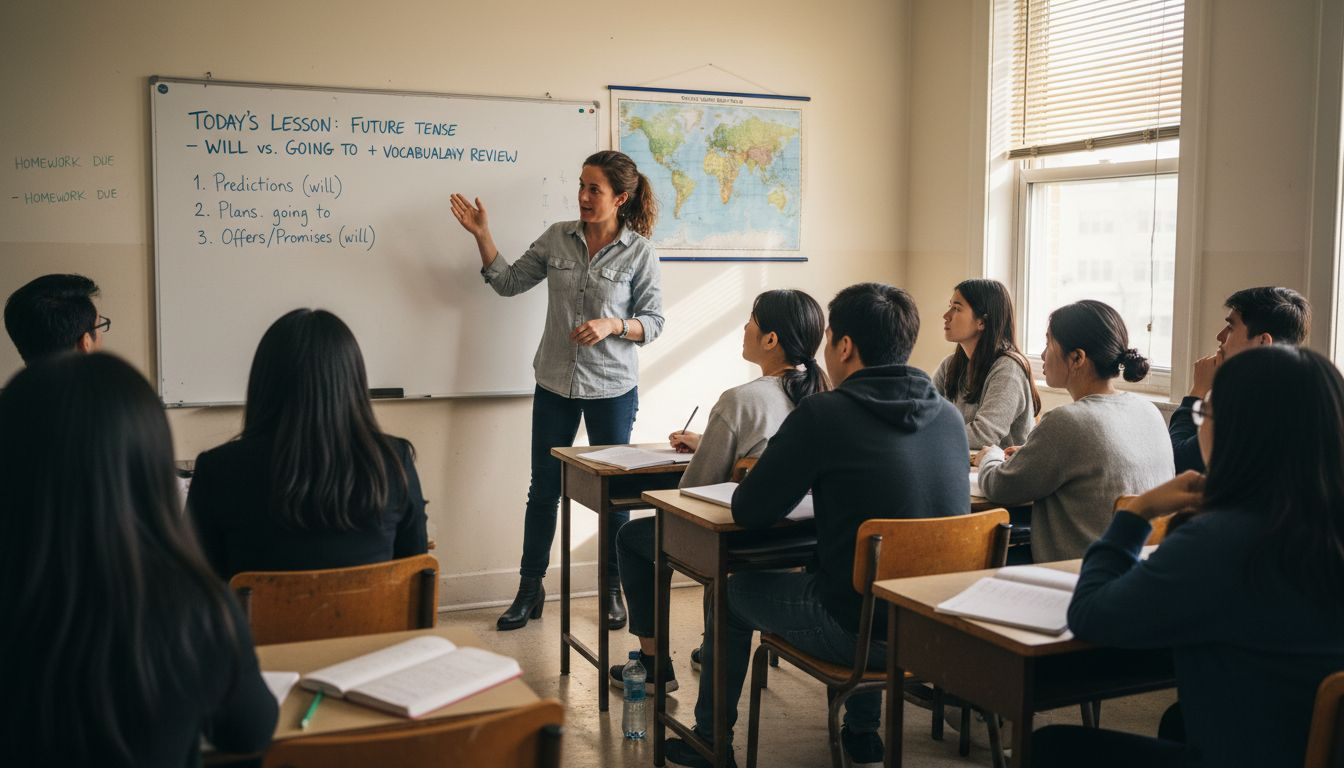 TEFL instructor teaching diverse international classroom