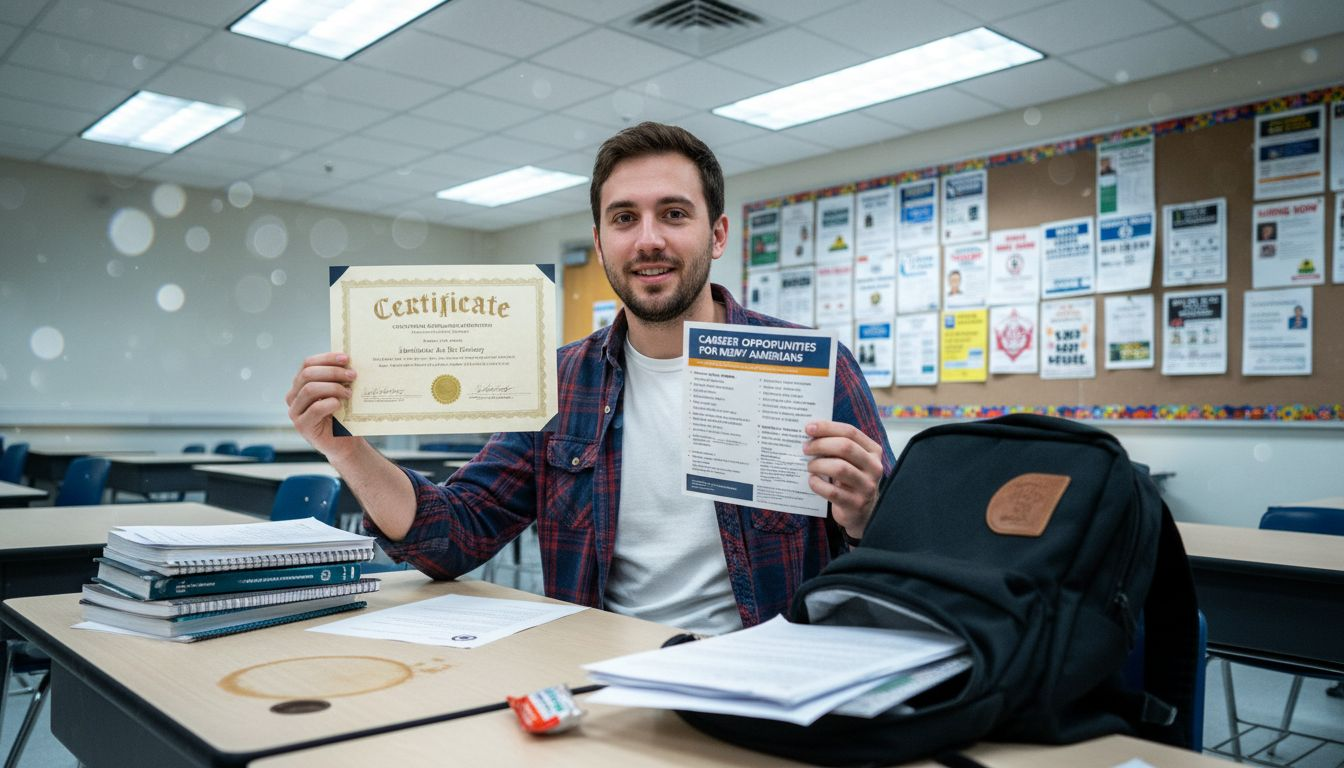 Student with ESL certificate at classroom desk