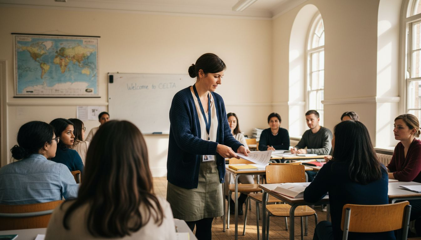 ESL teacher distributes worksheets in diverse classroom