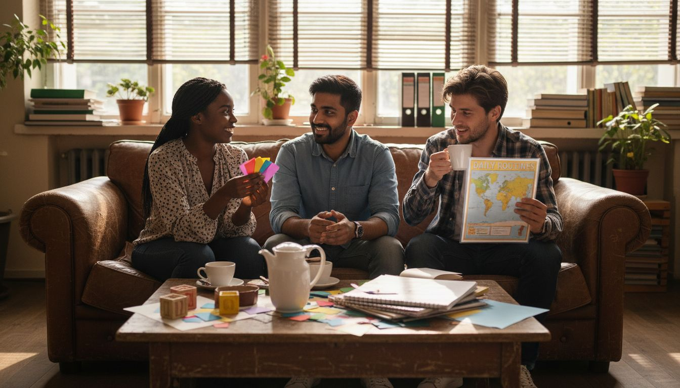 Teachers in international school staffroom conversation