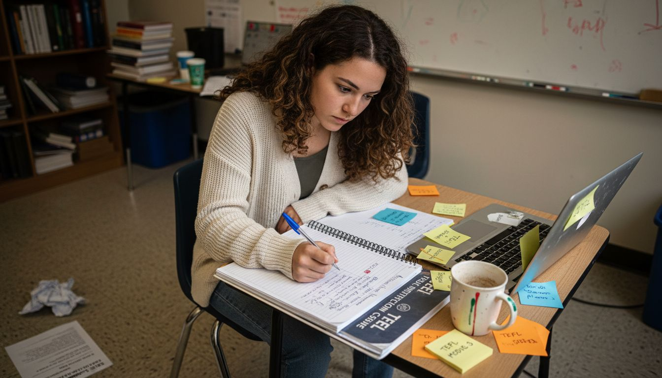 Teacher studying for TEFL at resource desk