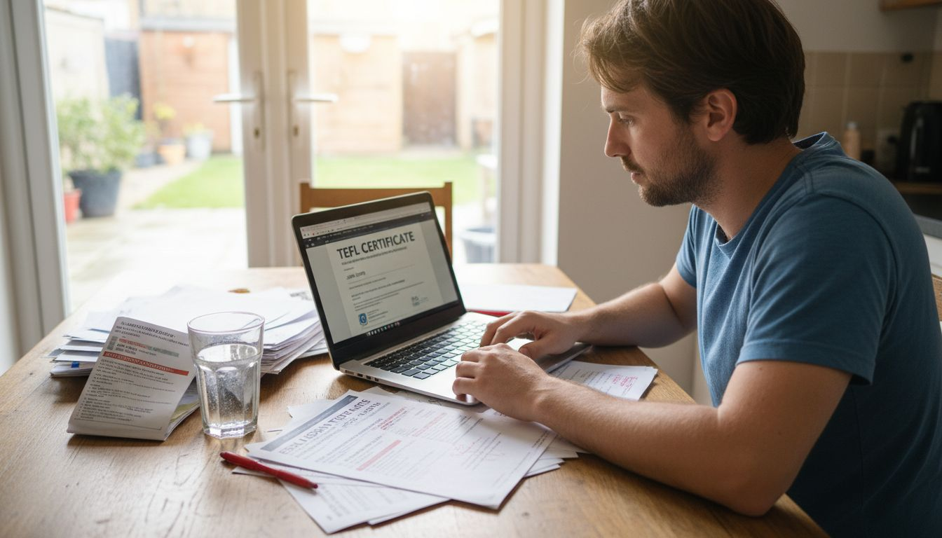Teacher preparing ESL credentials at kitchen table