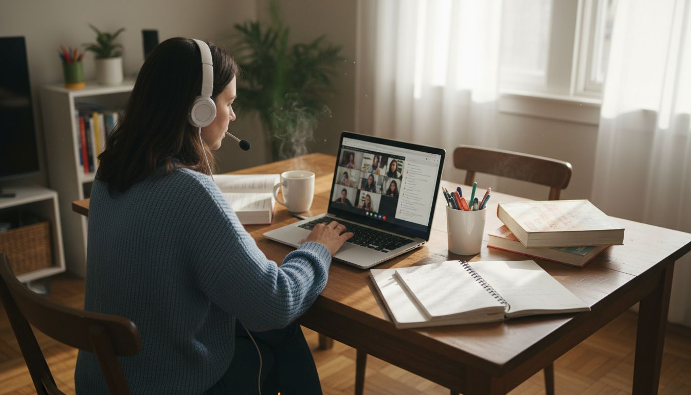 Teacher delivering online TEFL TESOL lesson in home