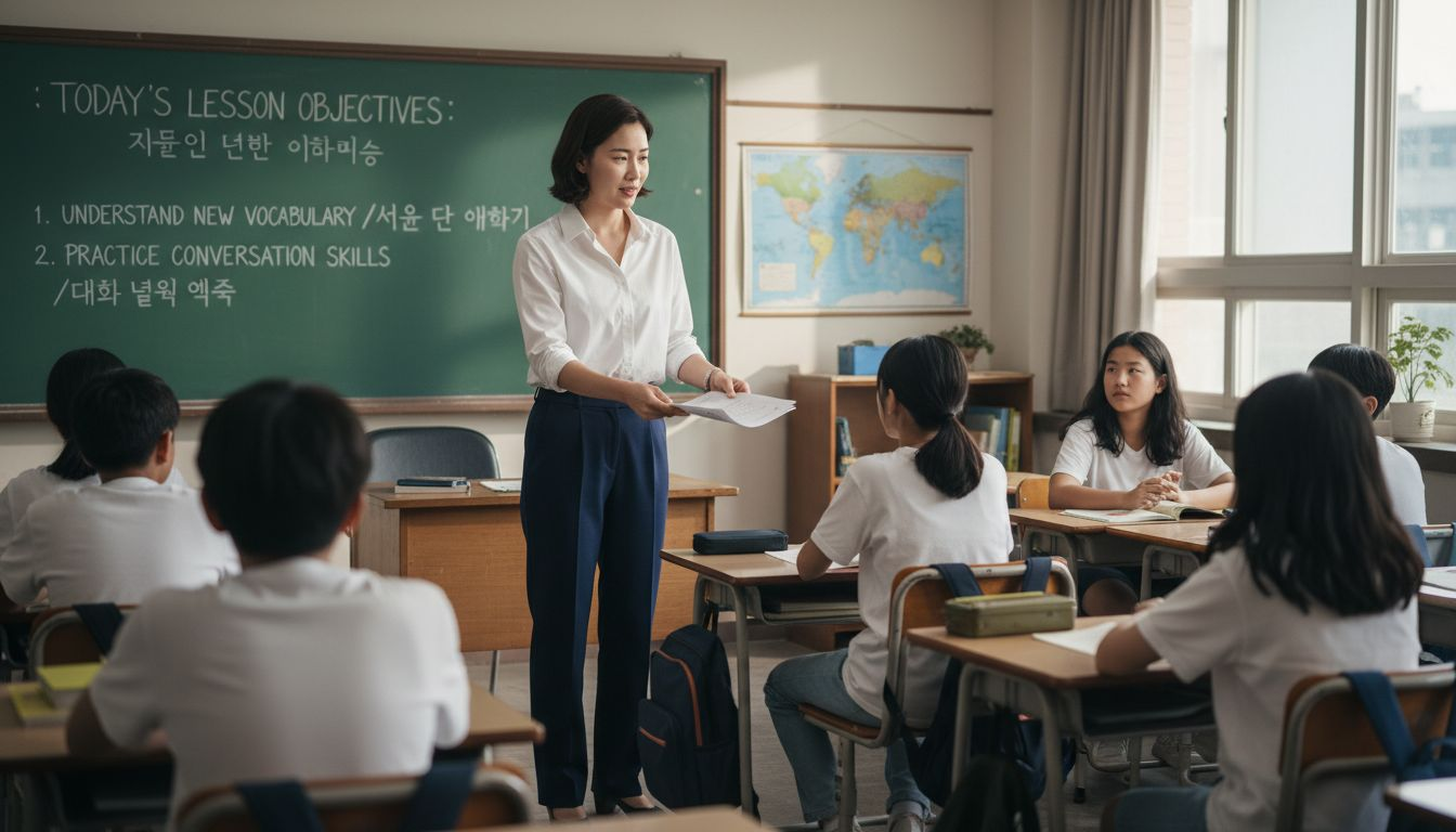 Teacher distributing worksheets in international classroom