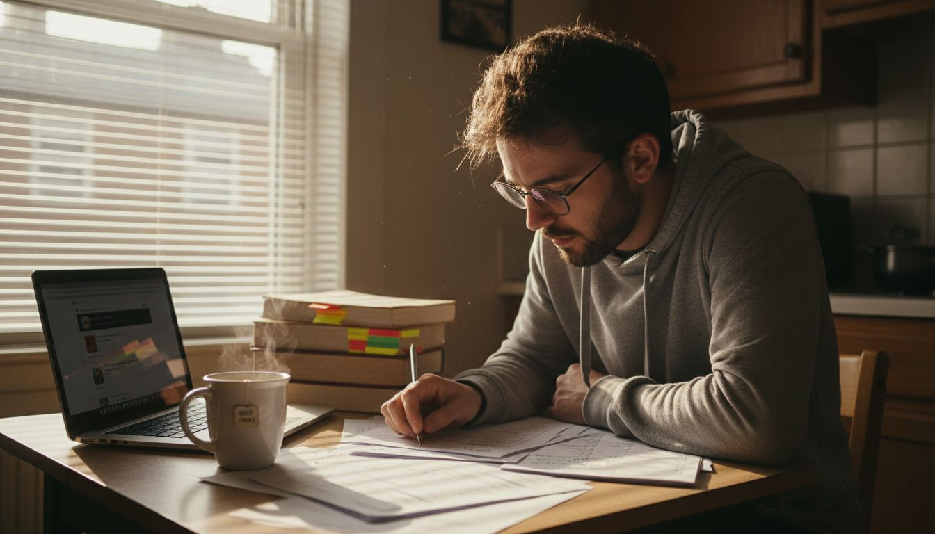 Student studying TEFL course at home table