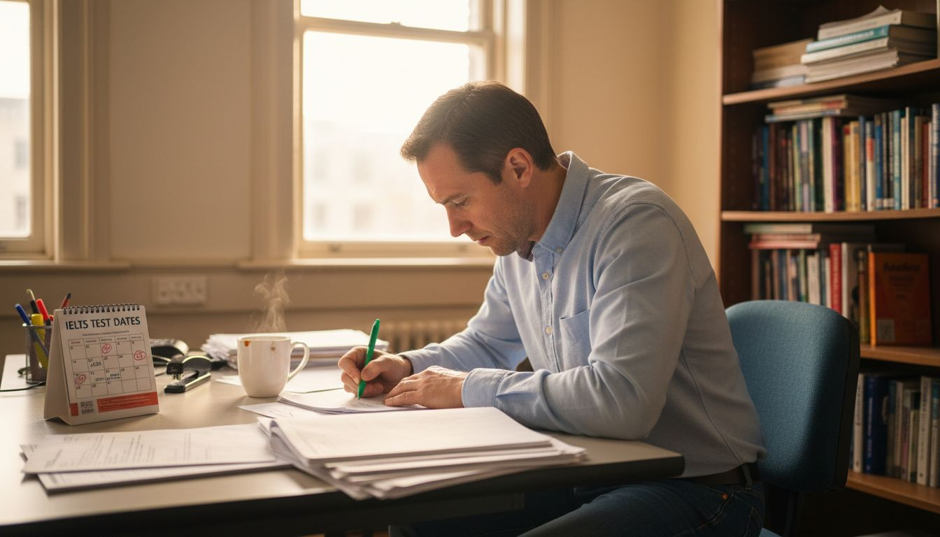 Teacher preparing IELTS exam materials at desk