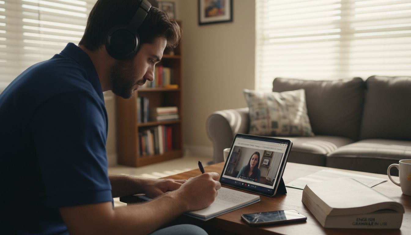 Learner writing notes during online TEFL course