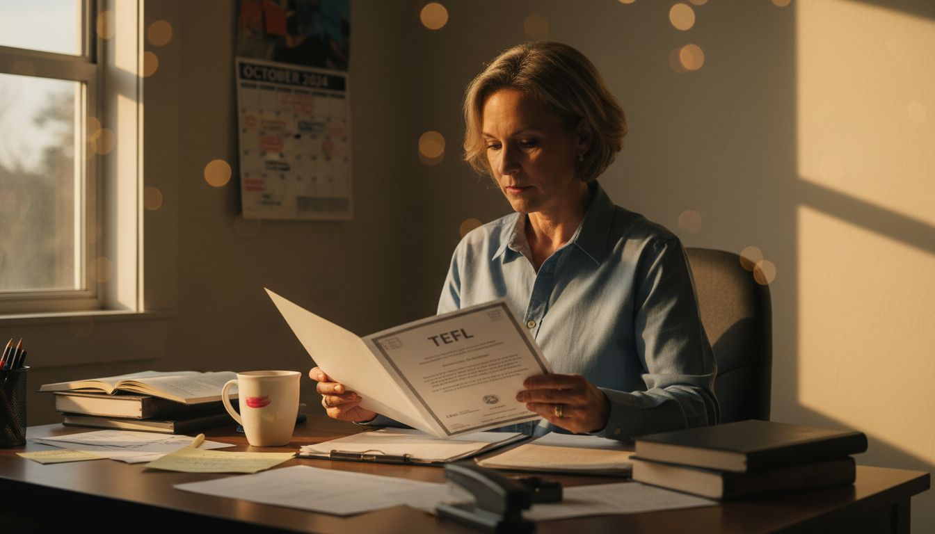 Teacher reviewing TEFL certificate at desk