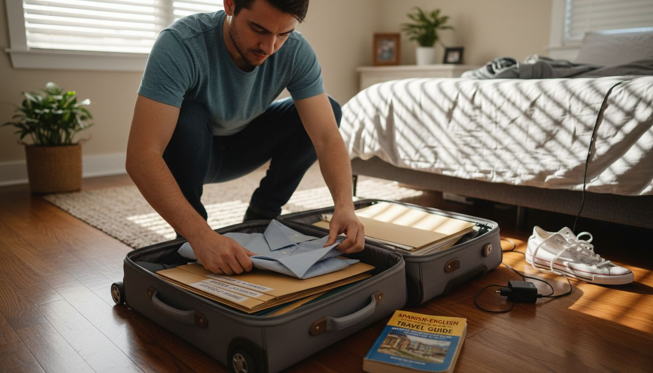 Man packing suitcase with teaching essentials