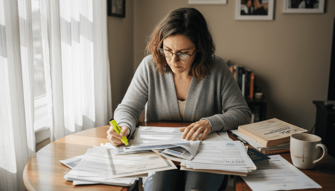 Teacher organizing certifications in city apartment