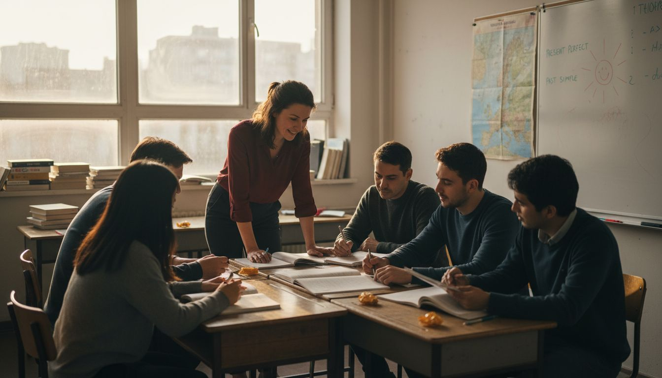 ESL teacher assisting diverse classroom