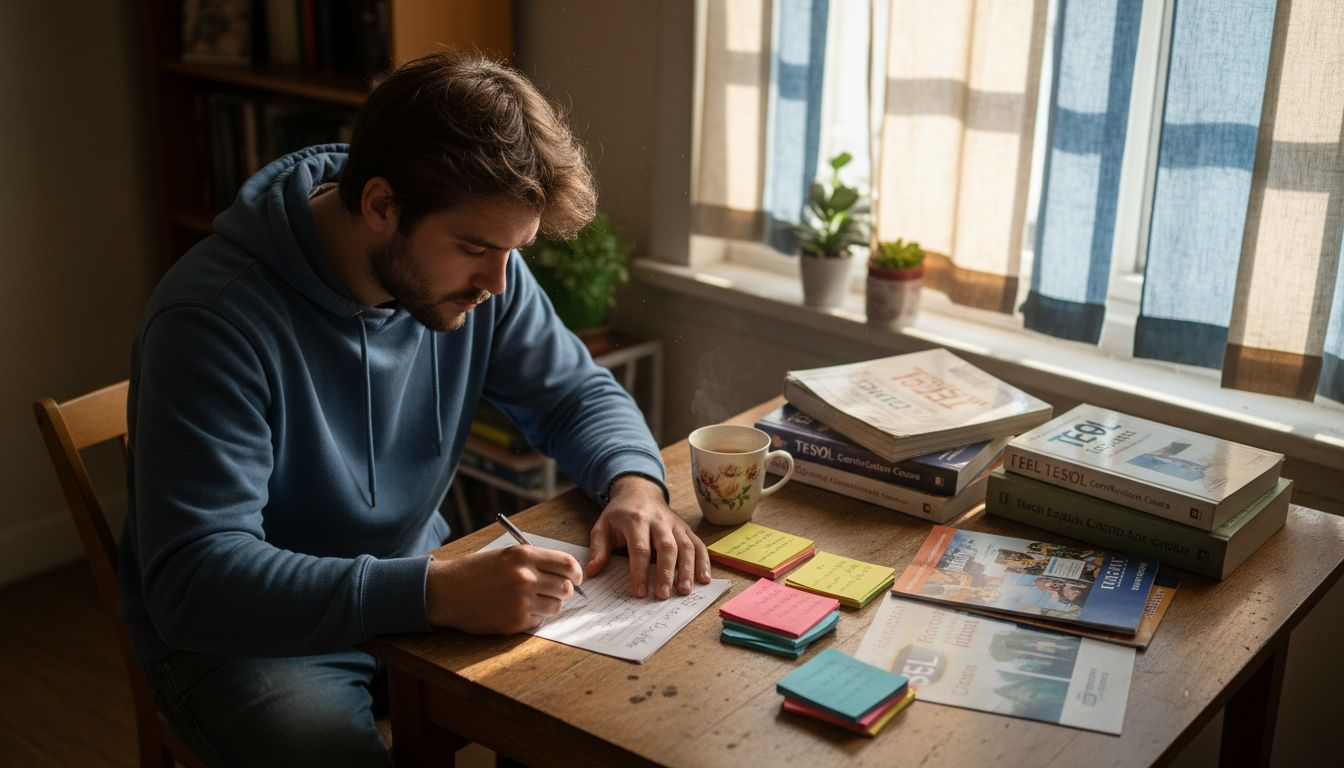 ESL certification study scene with checklist