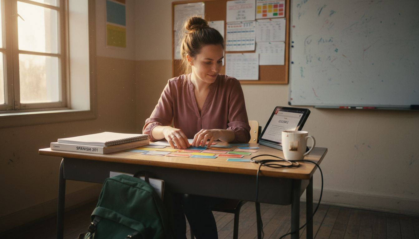Teacher arranging TEFL materials at desk