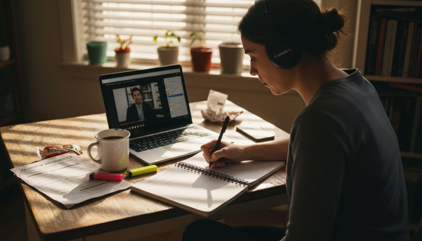 Student studying TEFL online at messy kitchen table