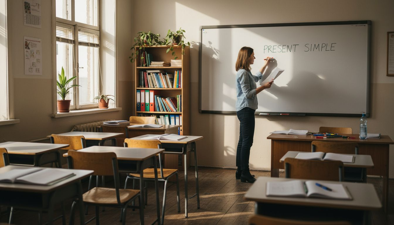 Teacher writing ESL terms on classroom whiteboard