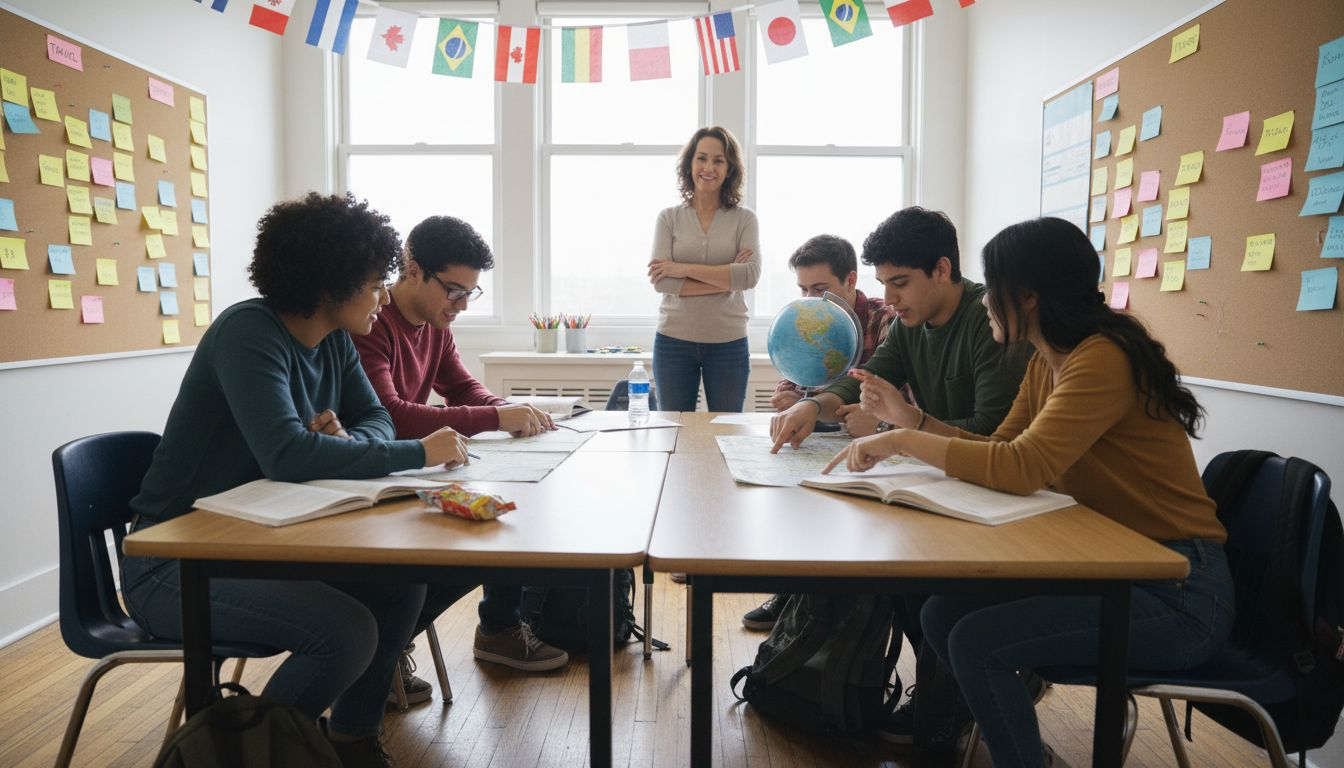 Students collaborating with cultural ESL materials