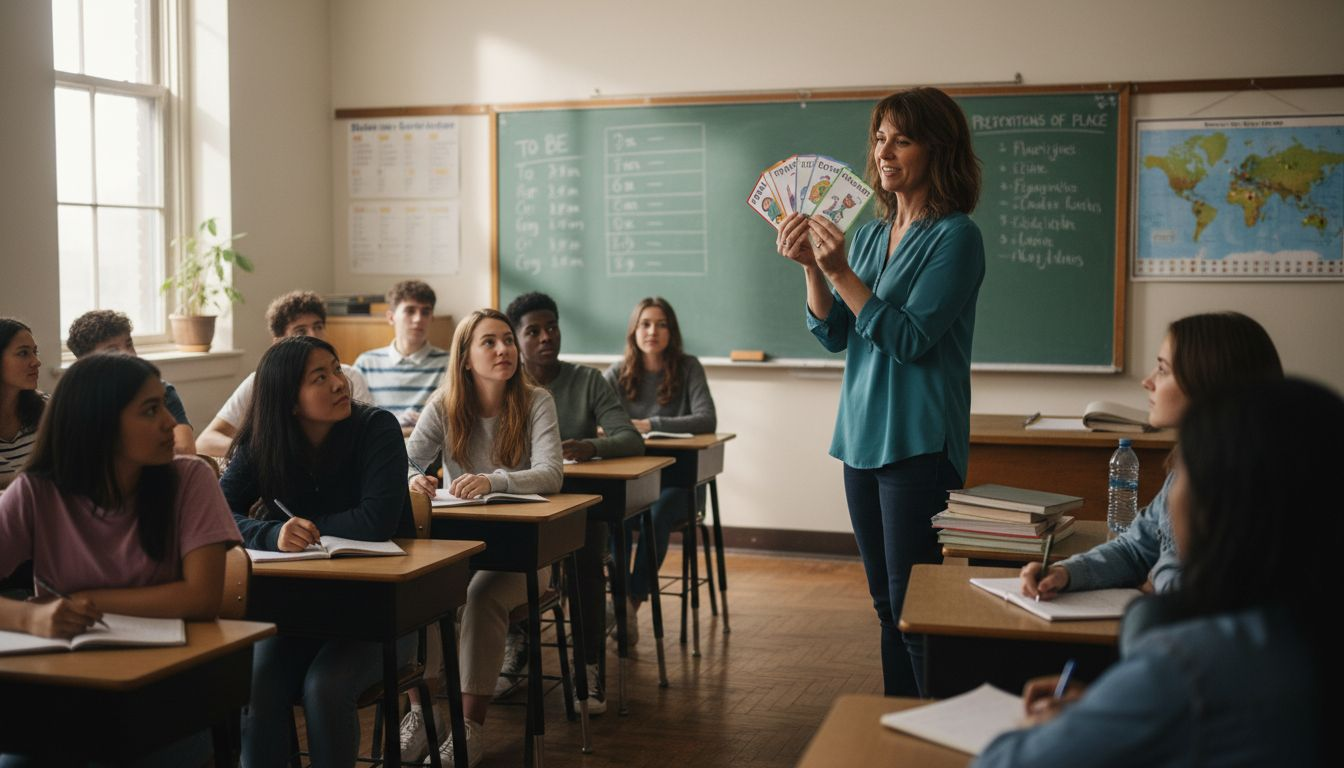 ESL classroom teacher presenting flashcards